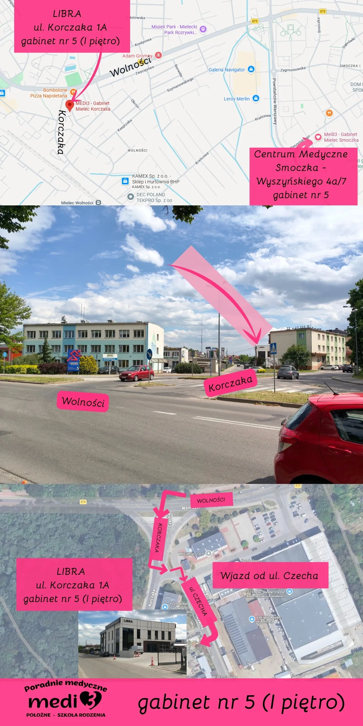 Dojazd do gabinetu Korczaka (LIBRA) - mapa z oznaczeniami i widok ulicy